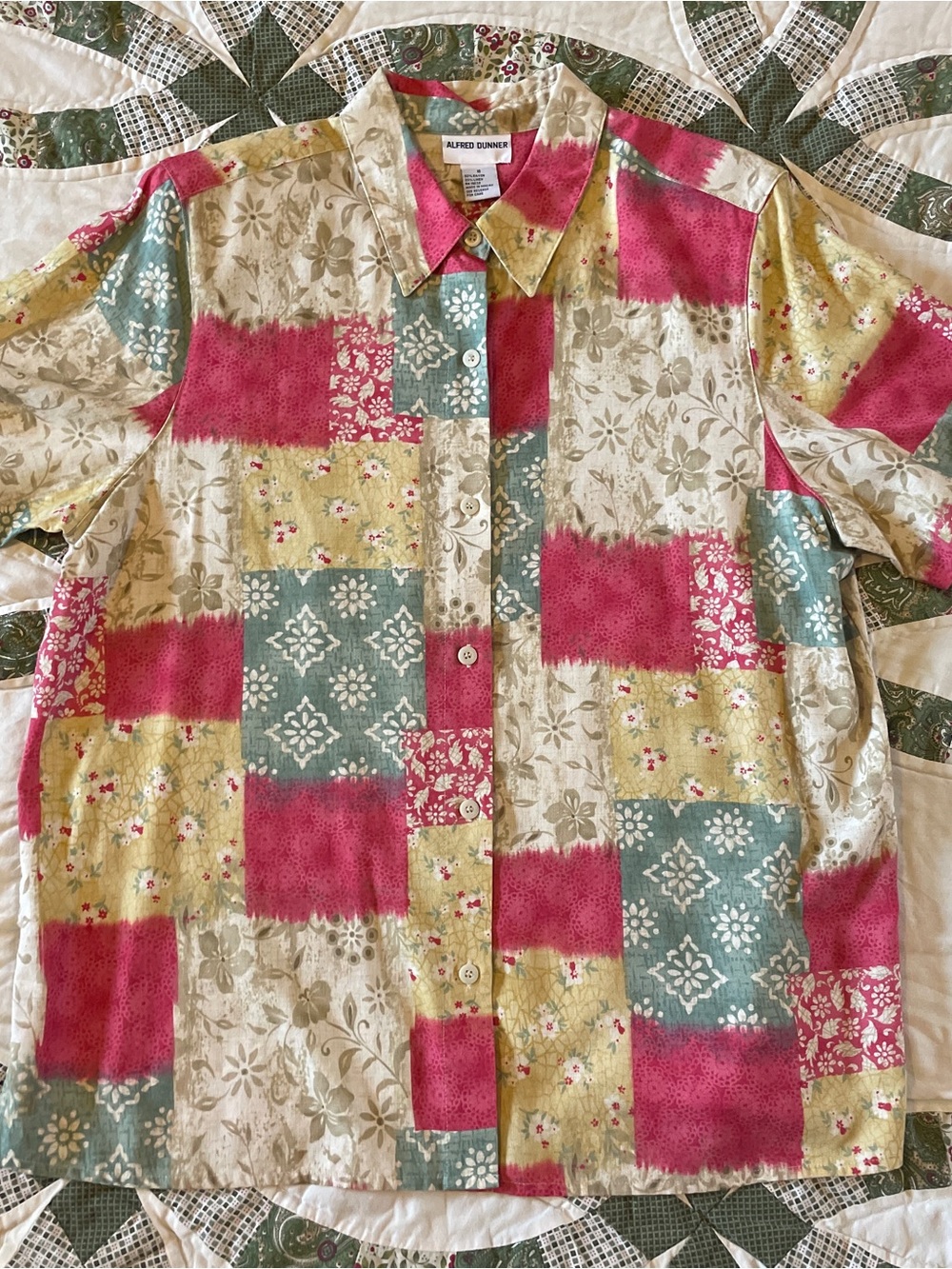 Vintage Alfred Dunner Multicolor Patchwork Button-Up Blouse 16 Cottagecore
